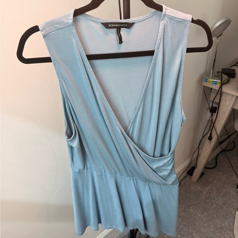 BCBGMaxAzria Sky Blue Sleeveless Wrap‎ Blouse